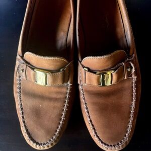 Salvatore Ferragamo Men's Brown Suede Loafers with Gold Accent 8.5D